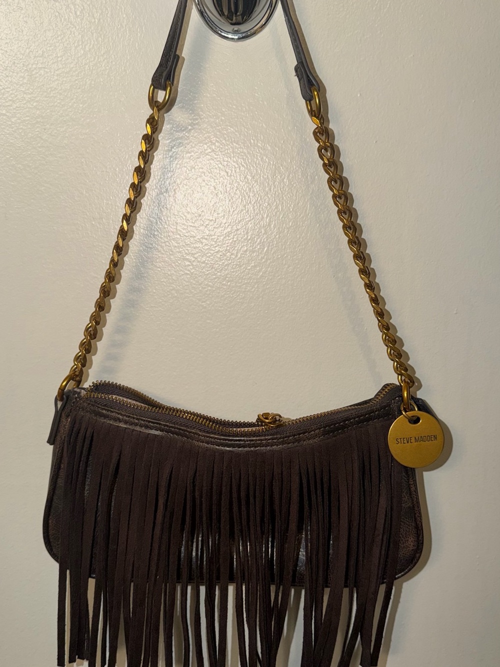 Steve Madden Dark Brown Suede Fringe Shoulder Bag with Gold Chain